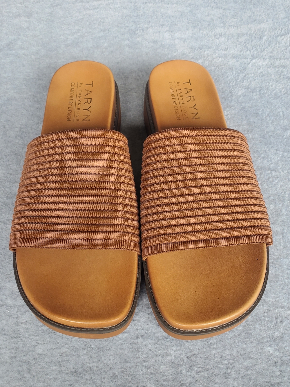 Taryn Rose Tan Slide Sandals with Elastic Ribbed Strap
